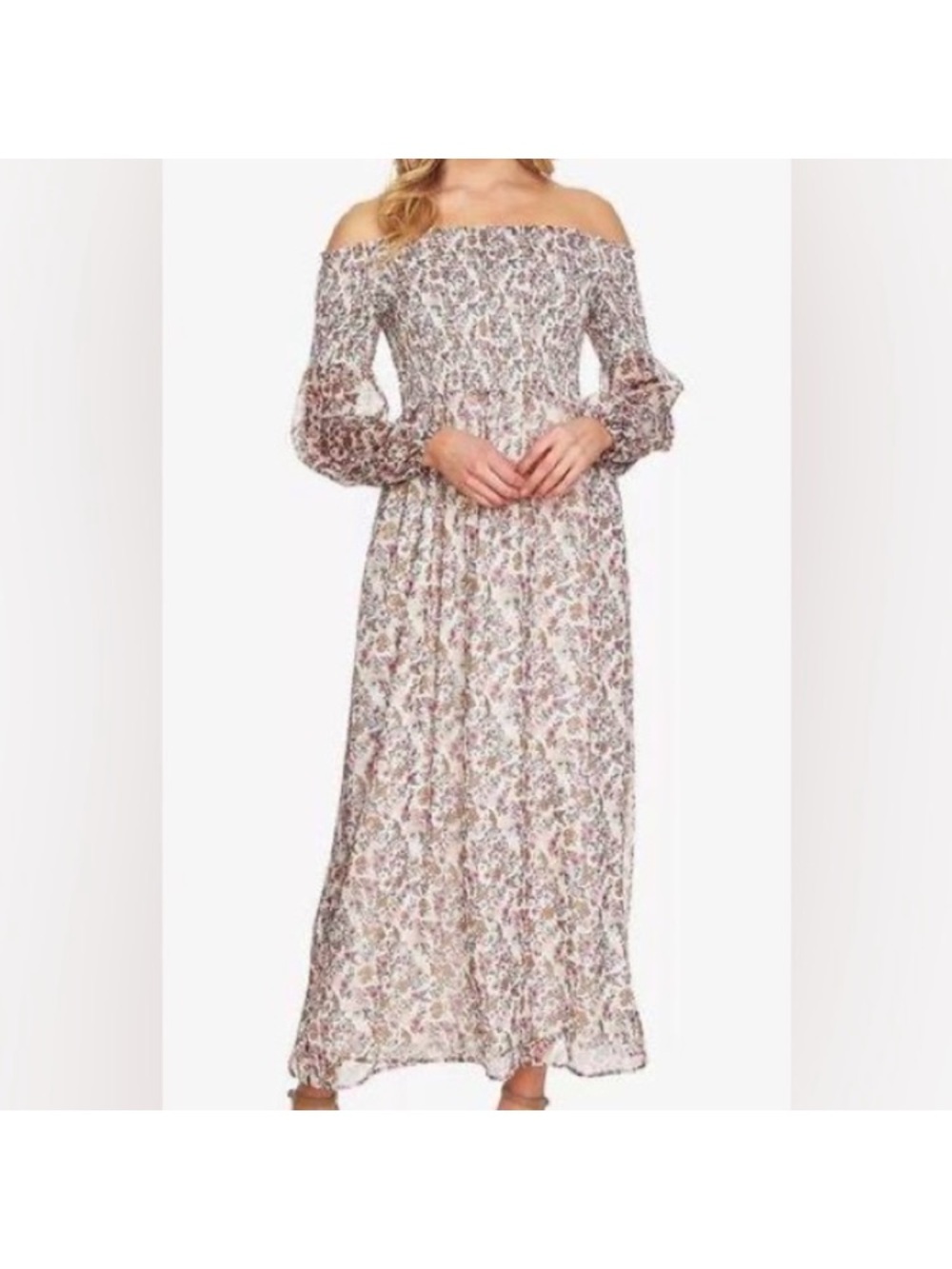 Cece small pink floral smocked bodice midi Dress peasant milkmaid tiered boho